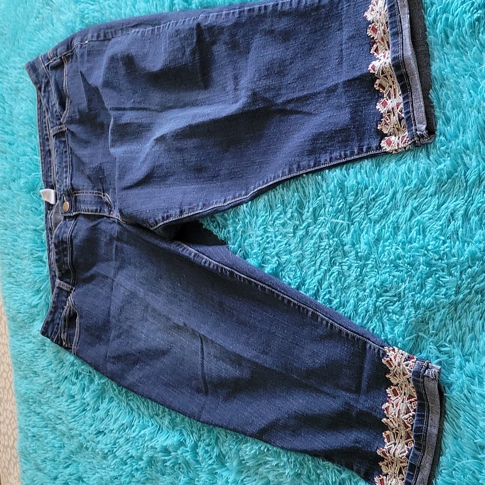 Dark Blue Embroidered Hem Capri Jeans - Women